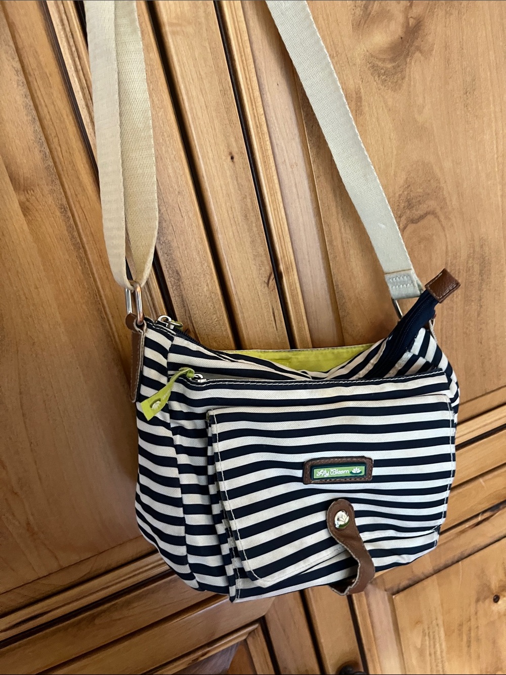 Lily Bloom Navy and White Striped Crossbody with Lime Accent